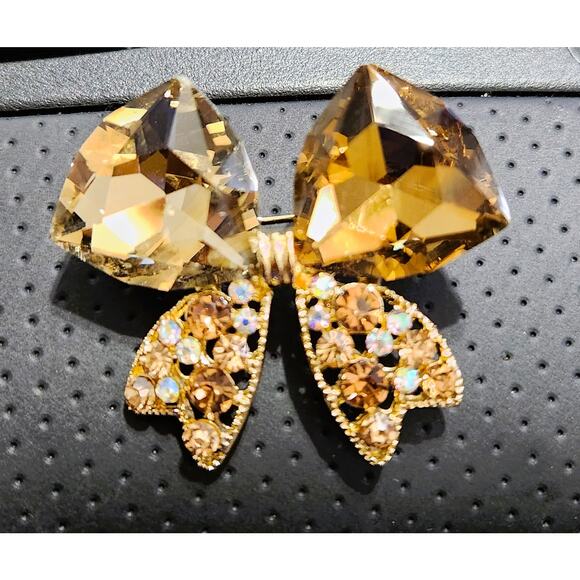 Broach Gold Rhinestone Bow with Gold Trim - Picture 2 of 3